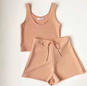 Cotton Ribbed Loungewear Shorts Set in Peach