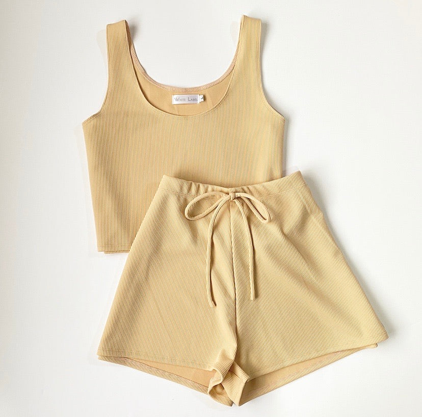 Cotton Ribbed Loungewear Shorts Set in Sand