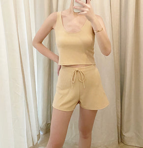 Cotton Ribbed Loungewear Shorts Set in Sand